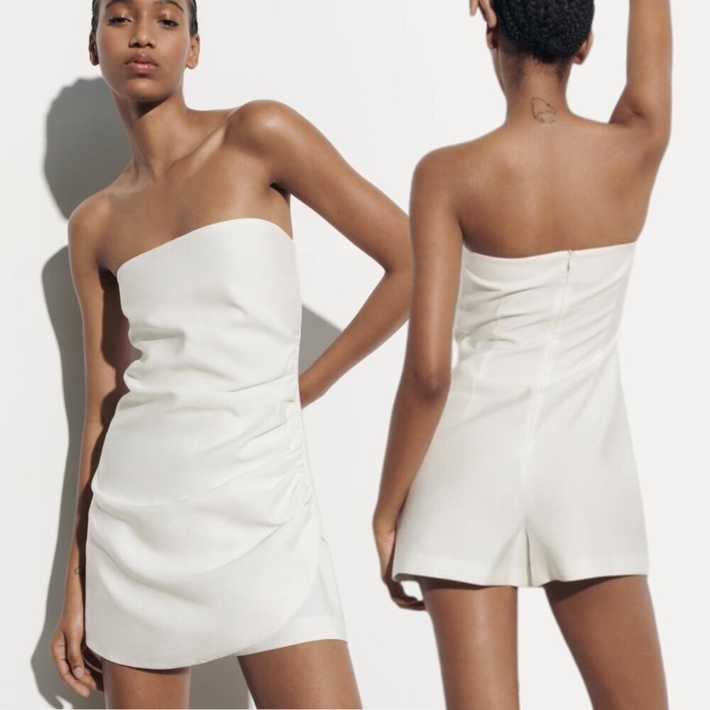 Zara Draped Strapless Jumpsuit - White - Size Large